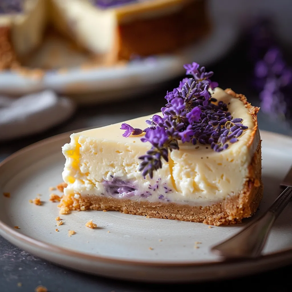 Creamy honey lavender cheesecake on display
