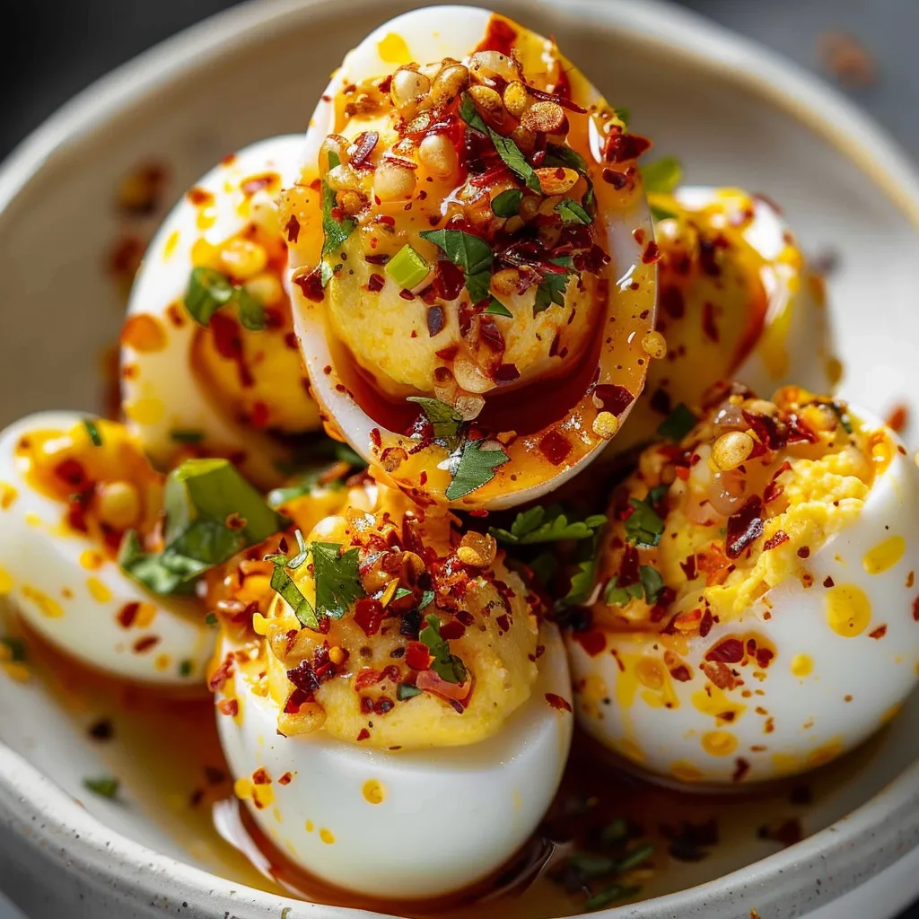 Spicy deviled eggs with garlic and smoky paprika