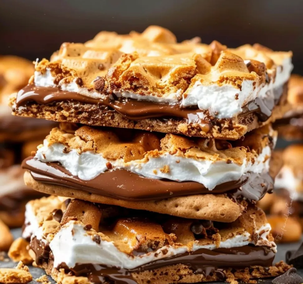 Layers of graham crackers, caramel, chocolate, and marshmallows.