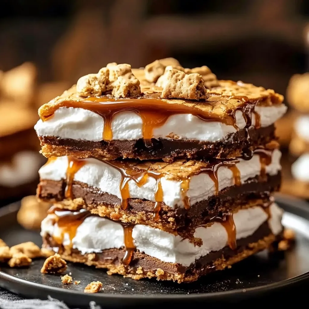 A stack of brownies with white icing and caramel drizzle.