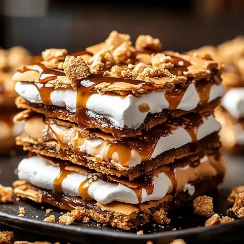 A stack of desserts with caramel drizzled on top.