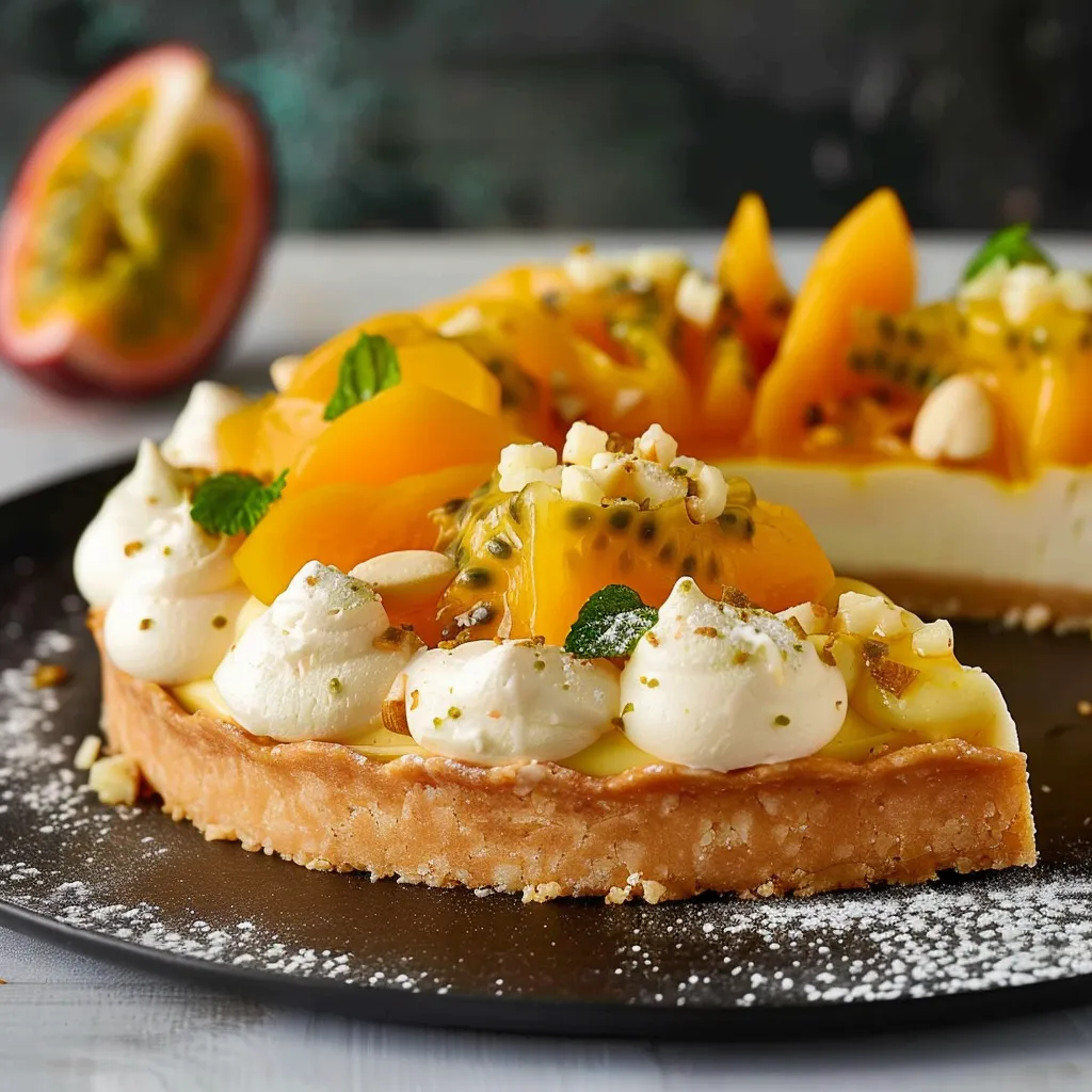 Decadent tart with coconut, mango, and passion fruit