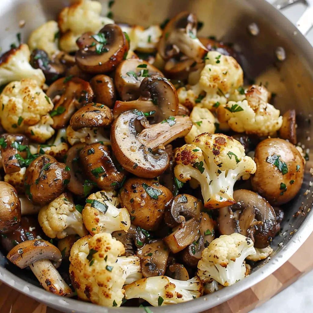 Sautéed cauliflower and garlicky mushrooms in a skillet