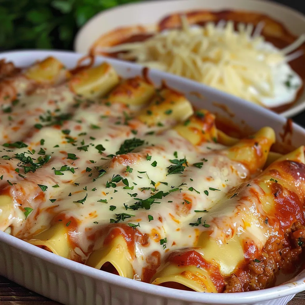 Beef-filled cannelloni covered with creamy mozzarella sauce
