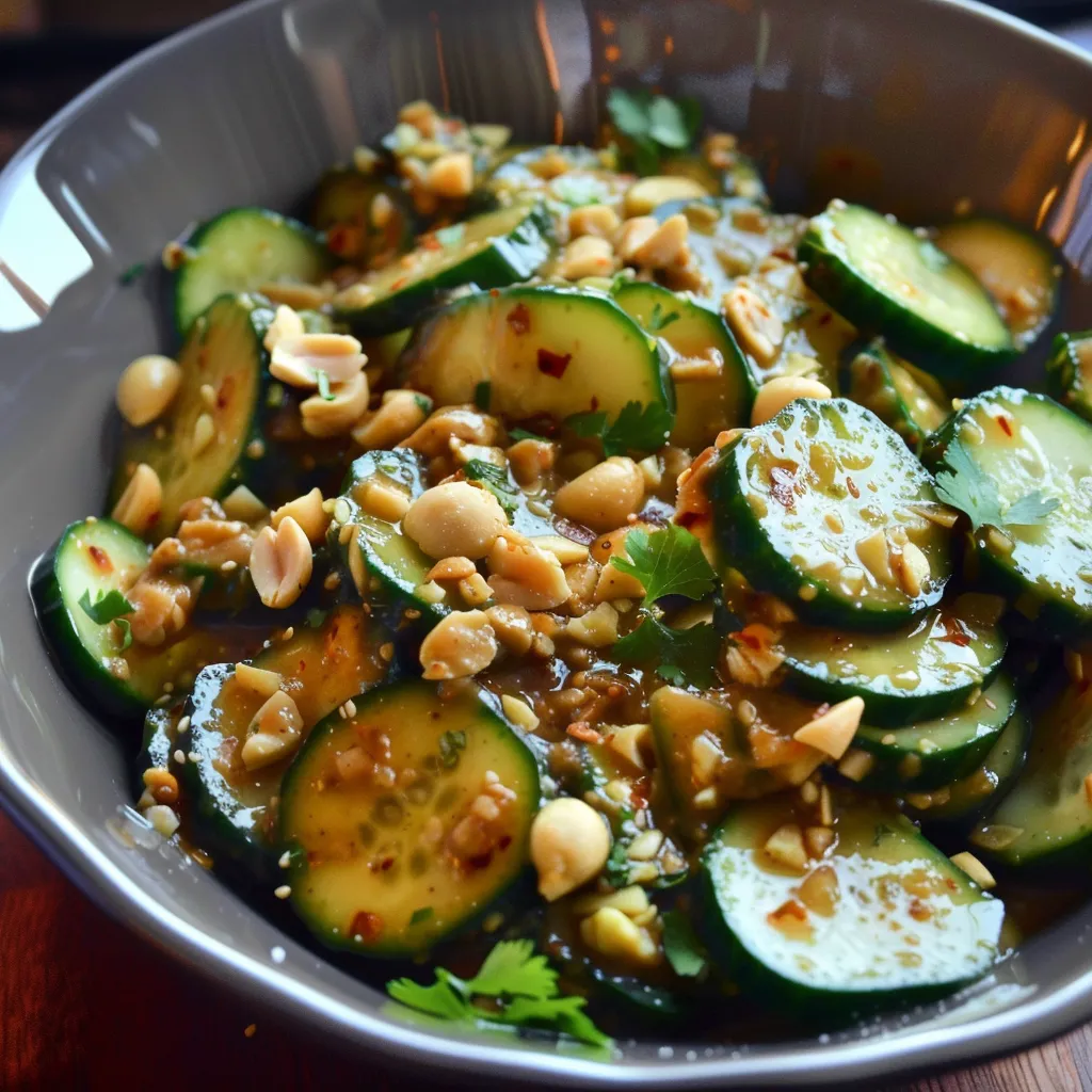 Cucumbers coated in spicy peanut sauce