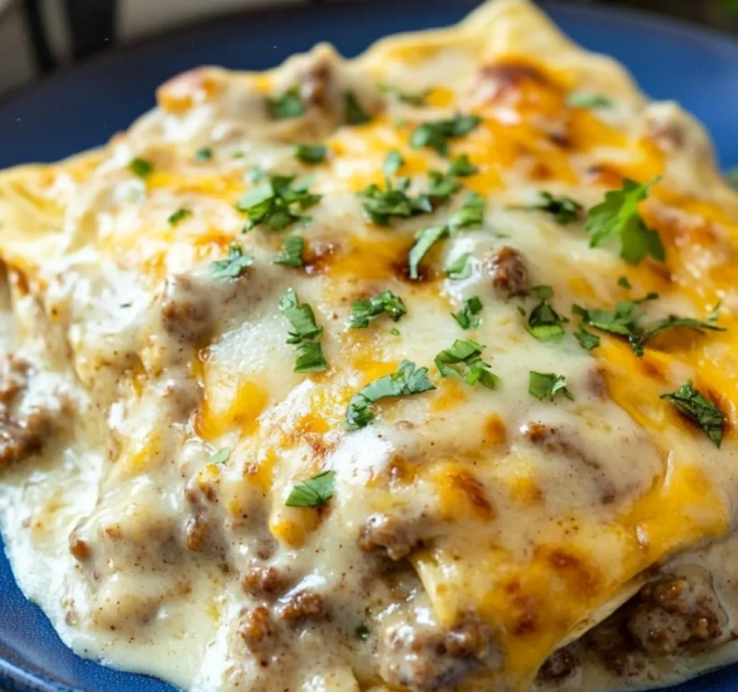 A cheesy, sausage-filled dish on a plate.