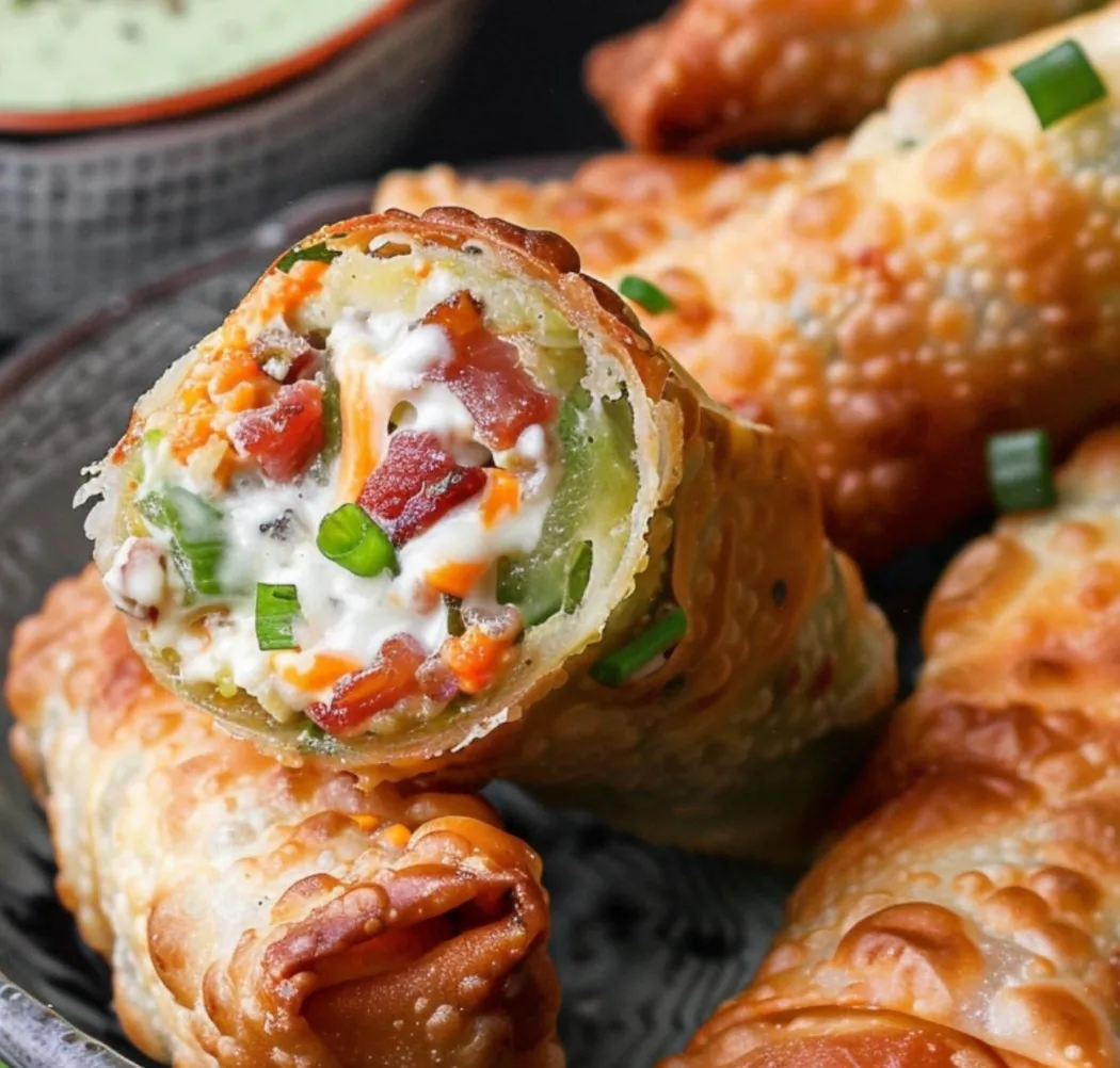 Crispy rolls on a plate with dipping sauce.