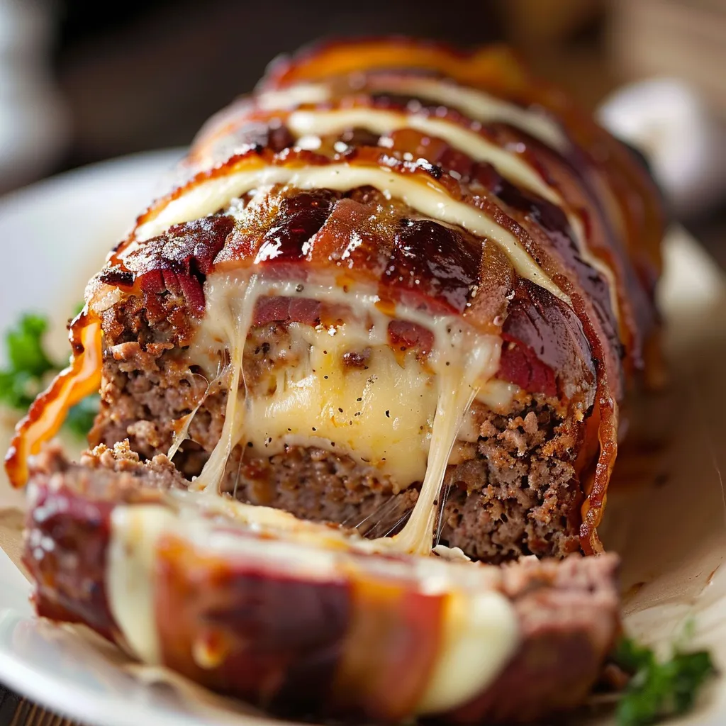 Cheesy stuffed meatloaf with crispy bacon
