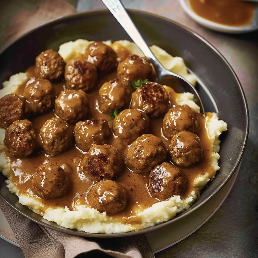 Meatballs in brown gravy with celery mash