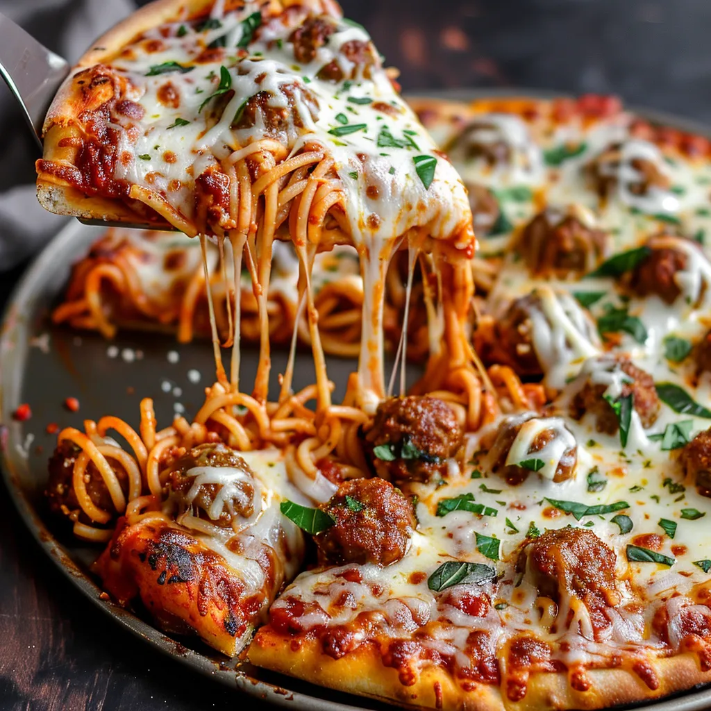 Delicious Pizza-Ghetti with meatballs