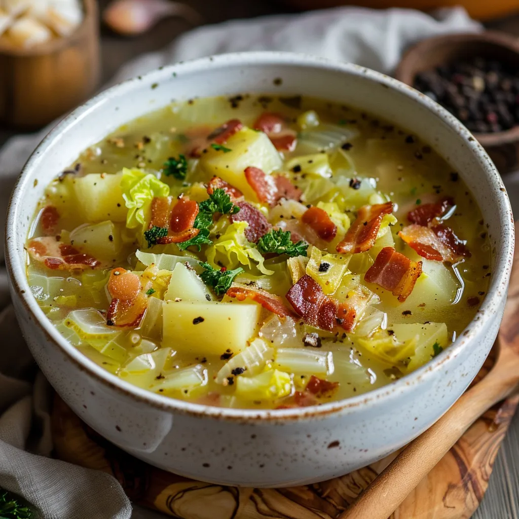 Homestyle cabbage soup with smoky bacon