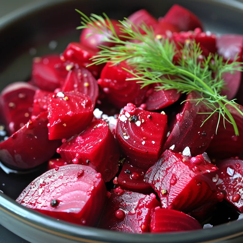 Beets lightly pickled and topped with greens