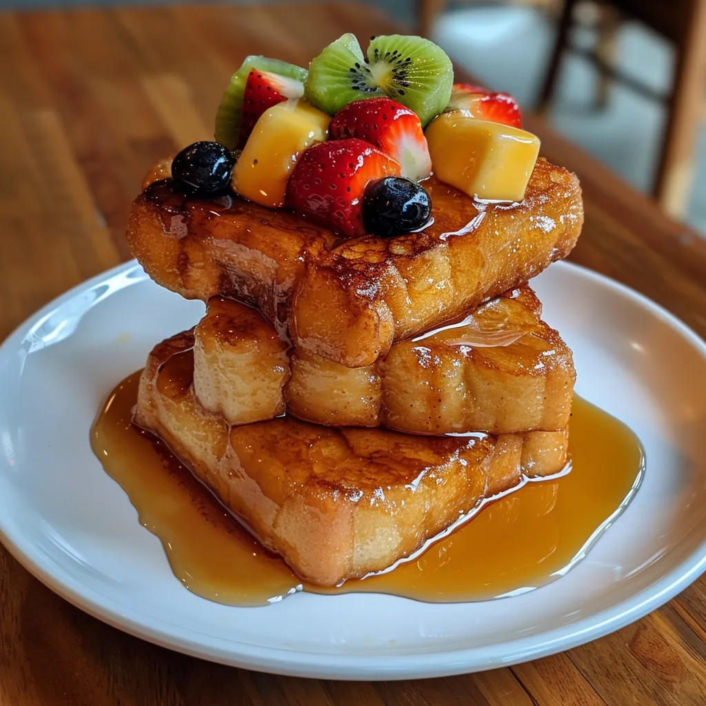 Thick, soft French toast with golden maple syrup dripping down