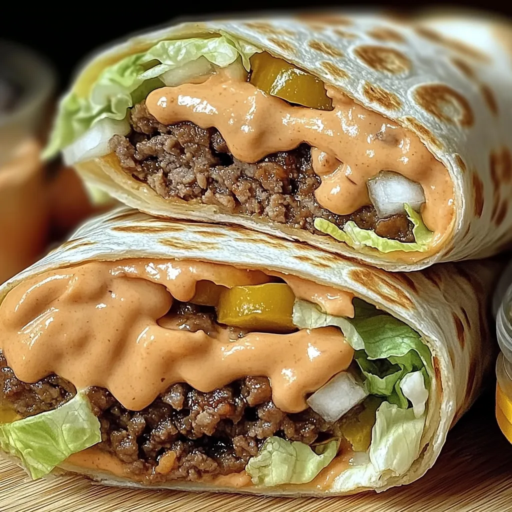 A burrito filled with ground beef and lettuce sitting in a white bowl.