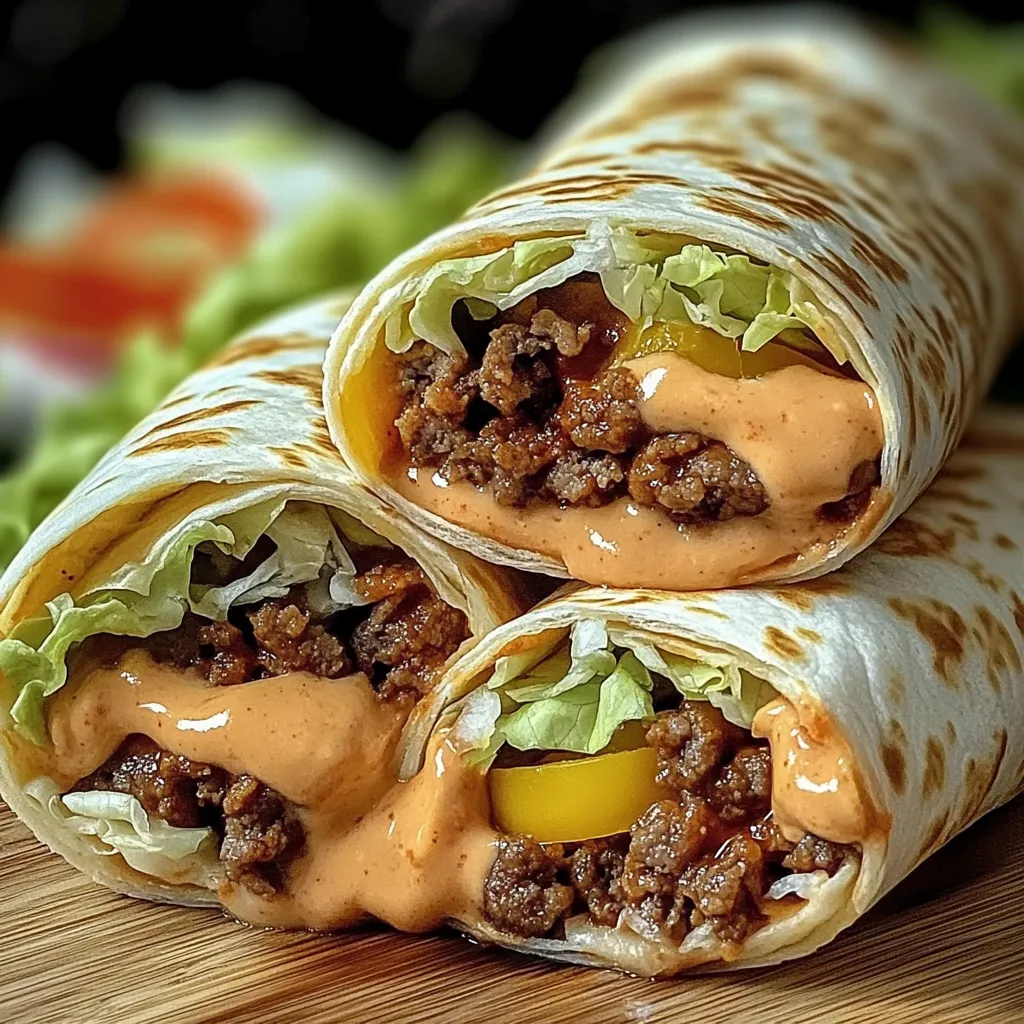 Two hand-held burritos stuffed with beef and lettuce.