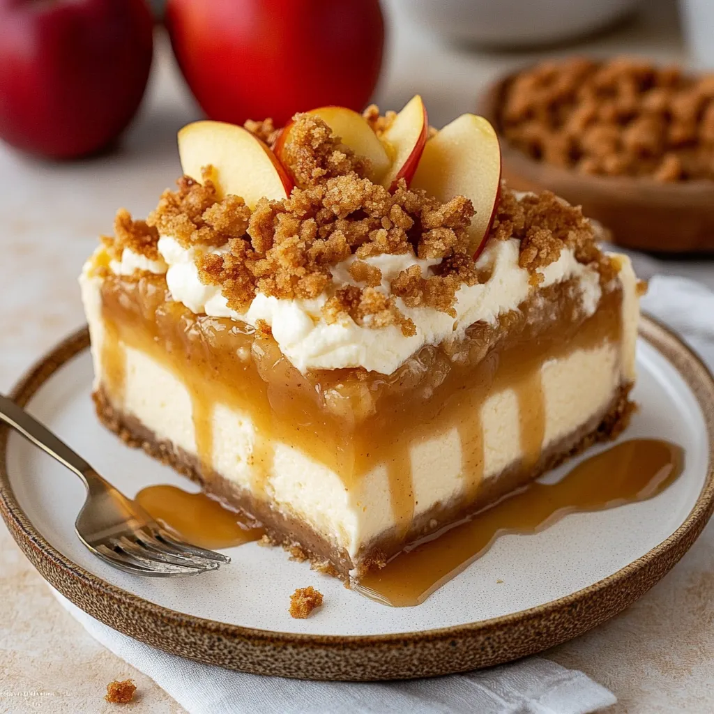 A slice of cheesecake with caramel drizzle and oat topping.