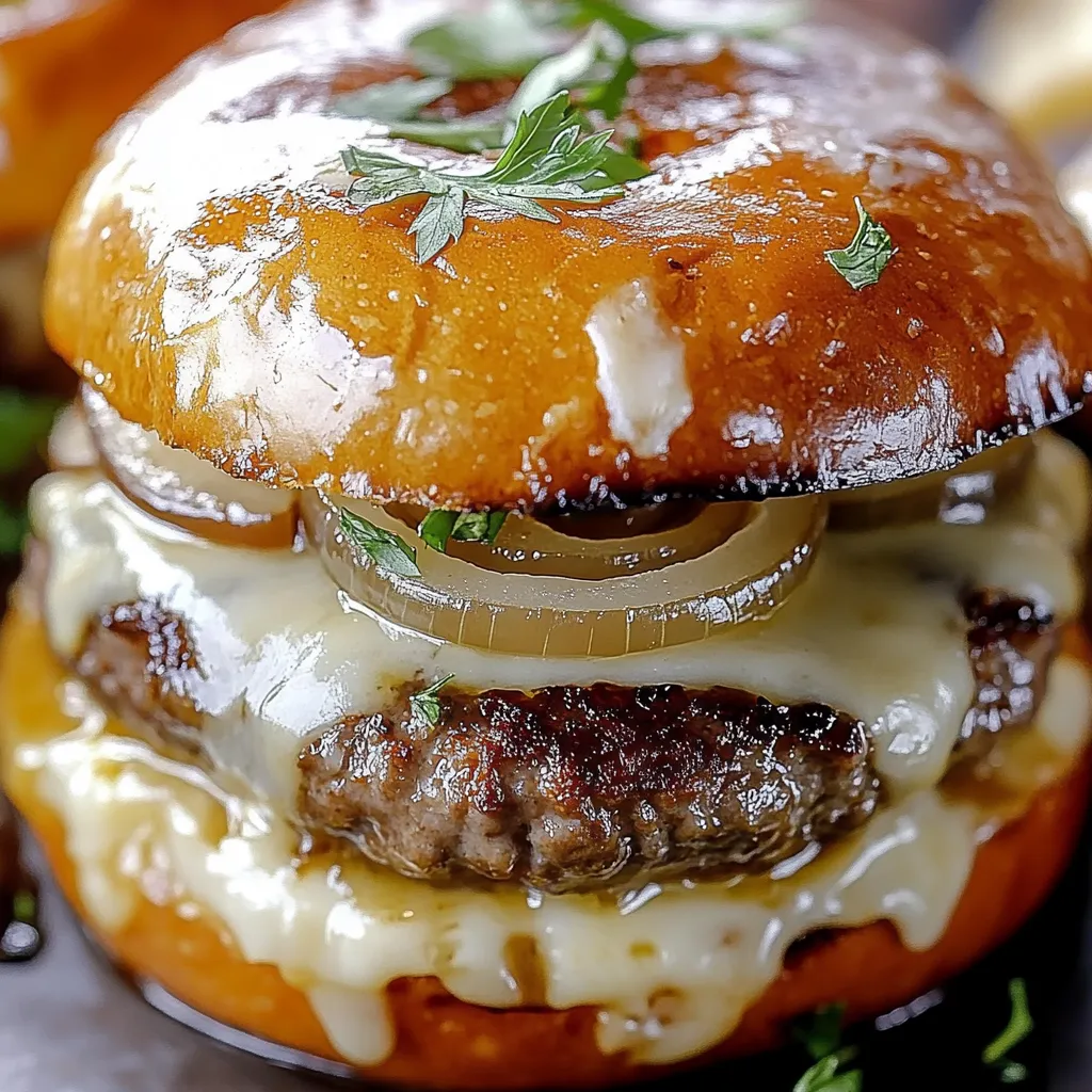 A burger loaded with cheese and caramelized onions.