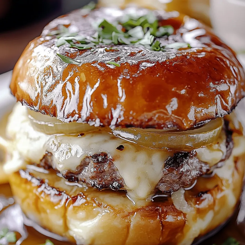 French Onion Soup Burgers on a bun with onions and cheese.