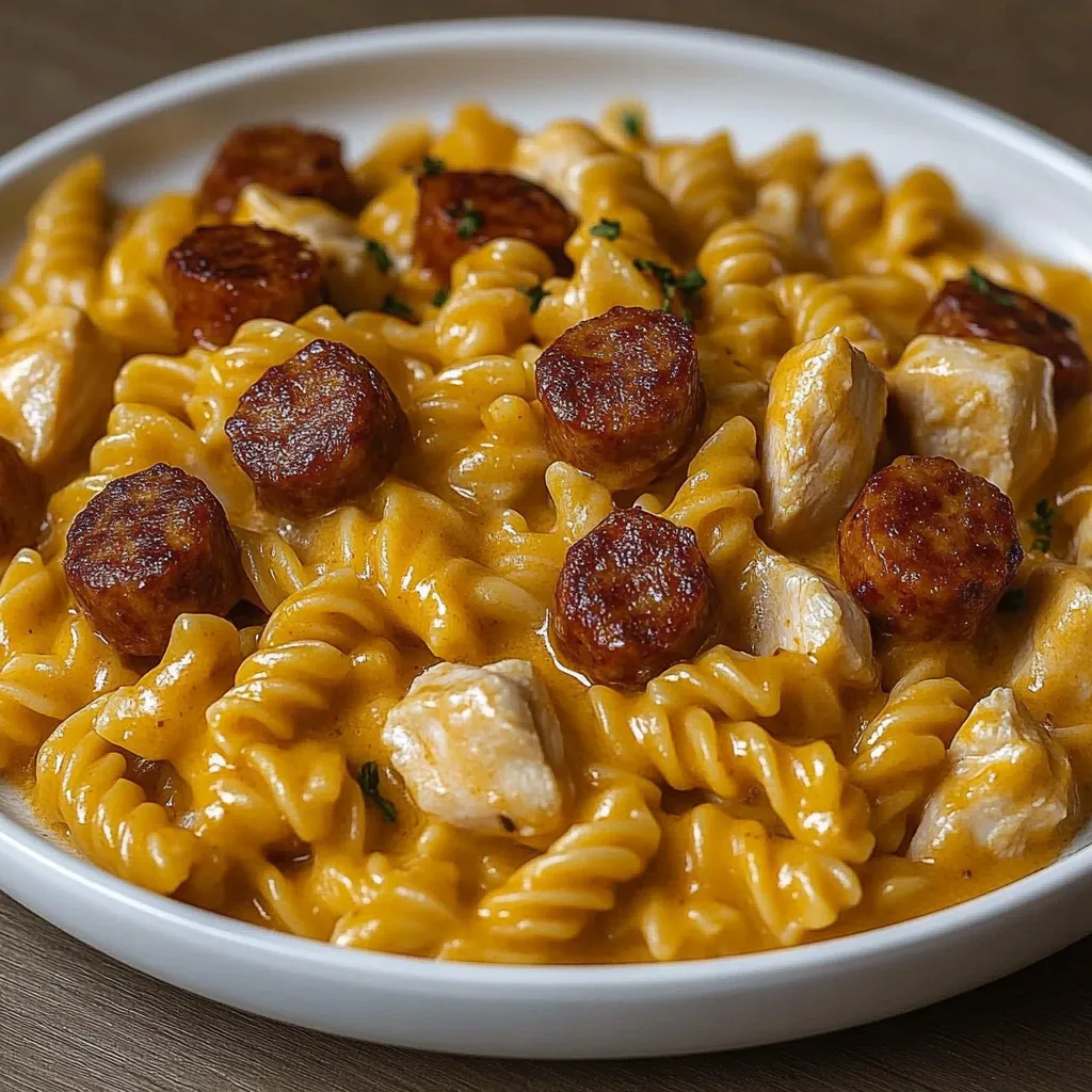 One-pot cheesy ranch chicken and sausage pasta in a bowl