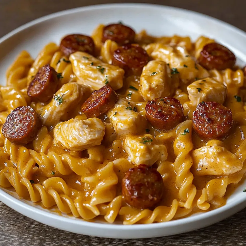 Closeup of cheesy ranch pasta with chicken and sausage