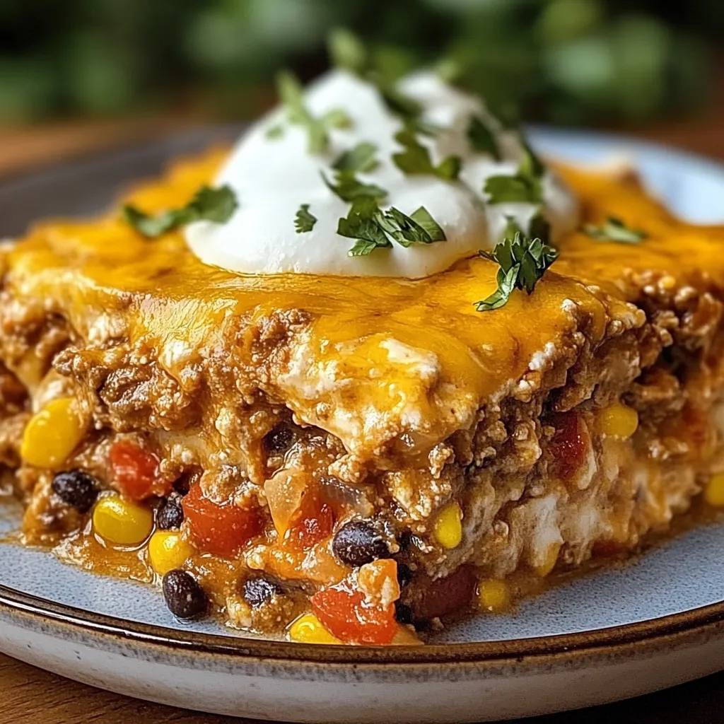 A piece of cheesy enchilada topped with sour cream, ready to eat.