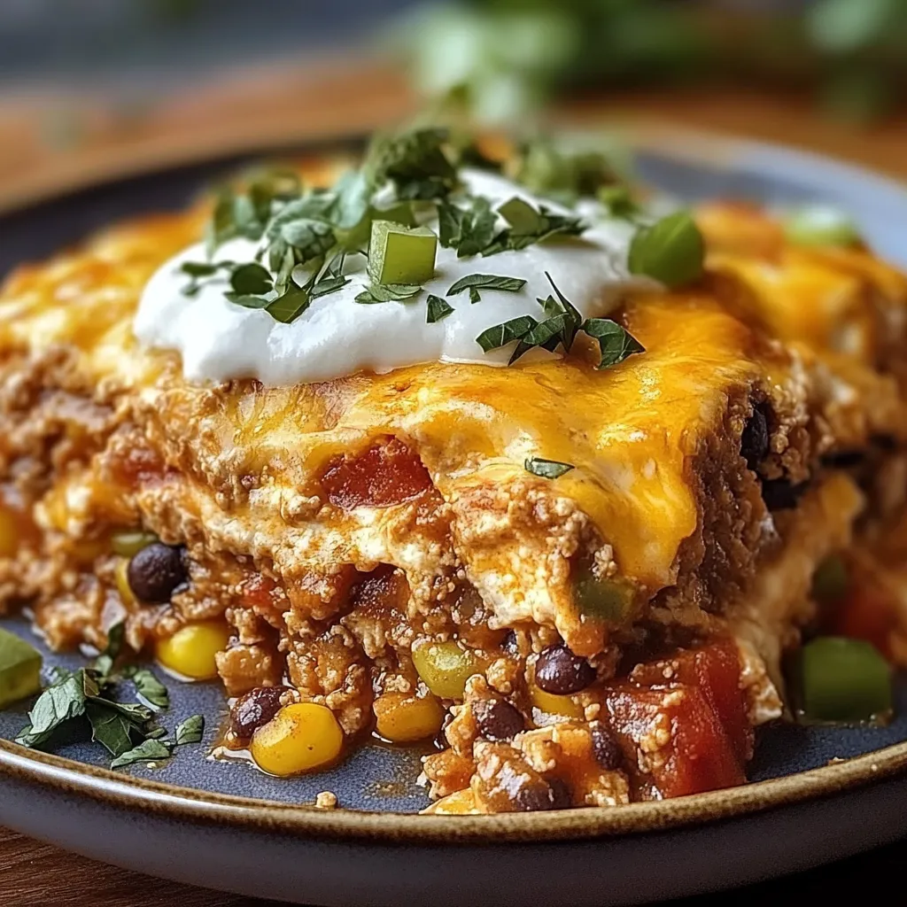 Cheesy casserole square on a plate, white sauce drizzled over.