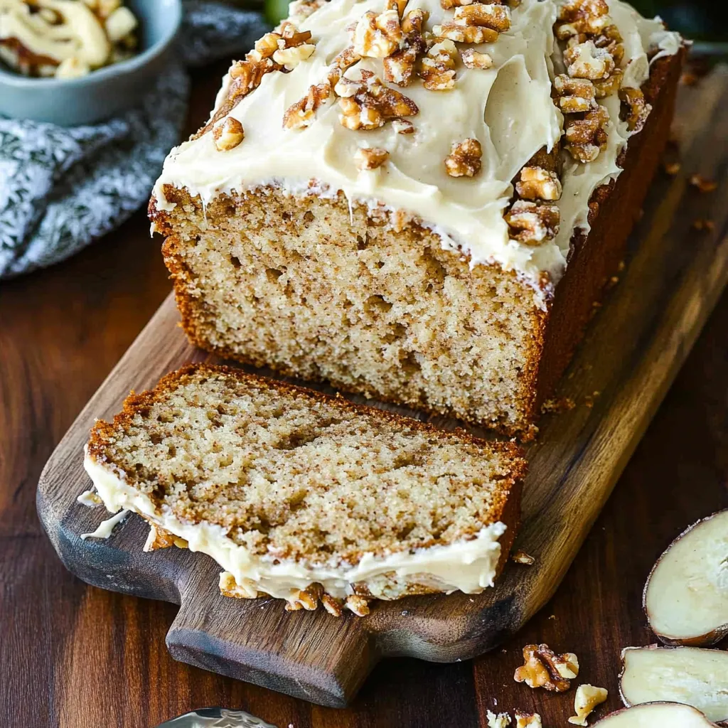 Slices of walnut-topped cake sitting on a wooden board.