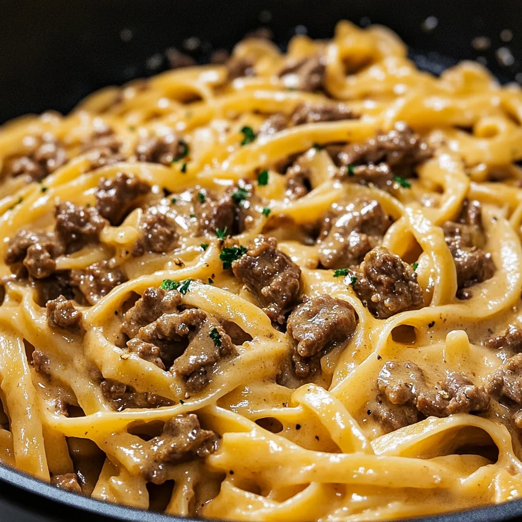 A bowl with noodles, beef, and cheese.