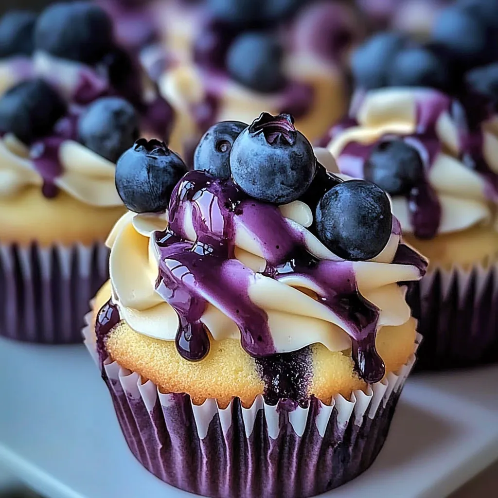 A cupcake with blueberries and white creamy topping.