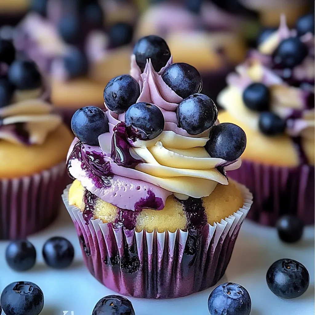 A cupcake topped with fresh blueberries.