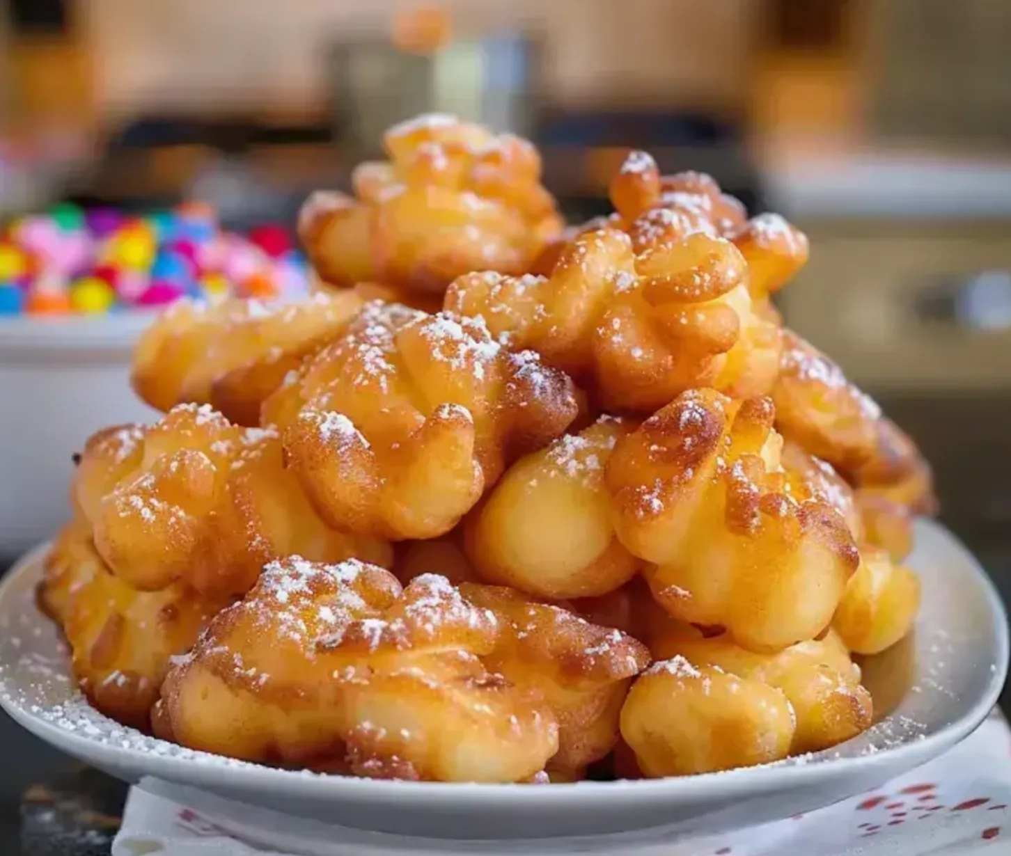 A plate of powdered sugar-topped doughnut holes.