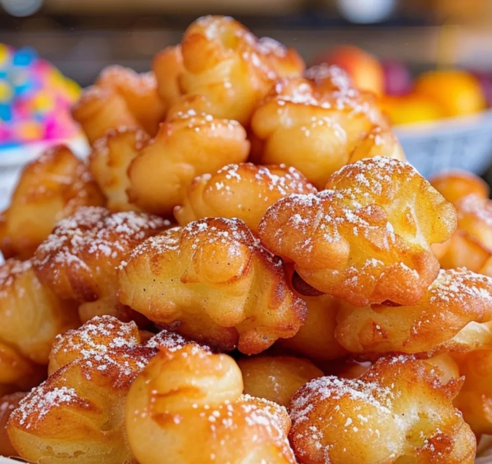 A bunch of sugar-dusted mini doughnuts stacked up.