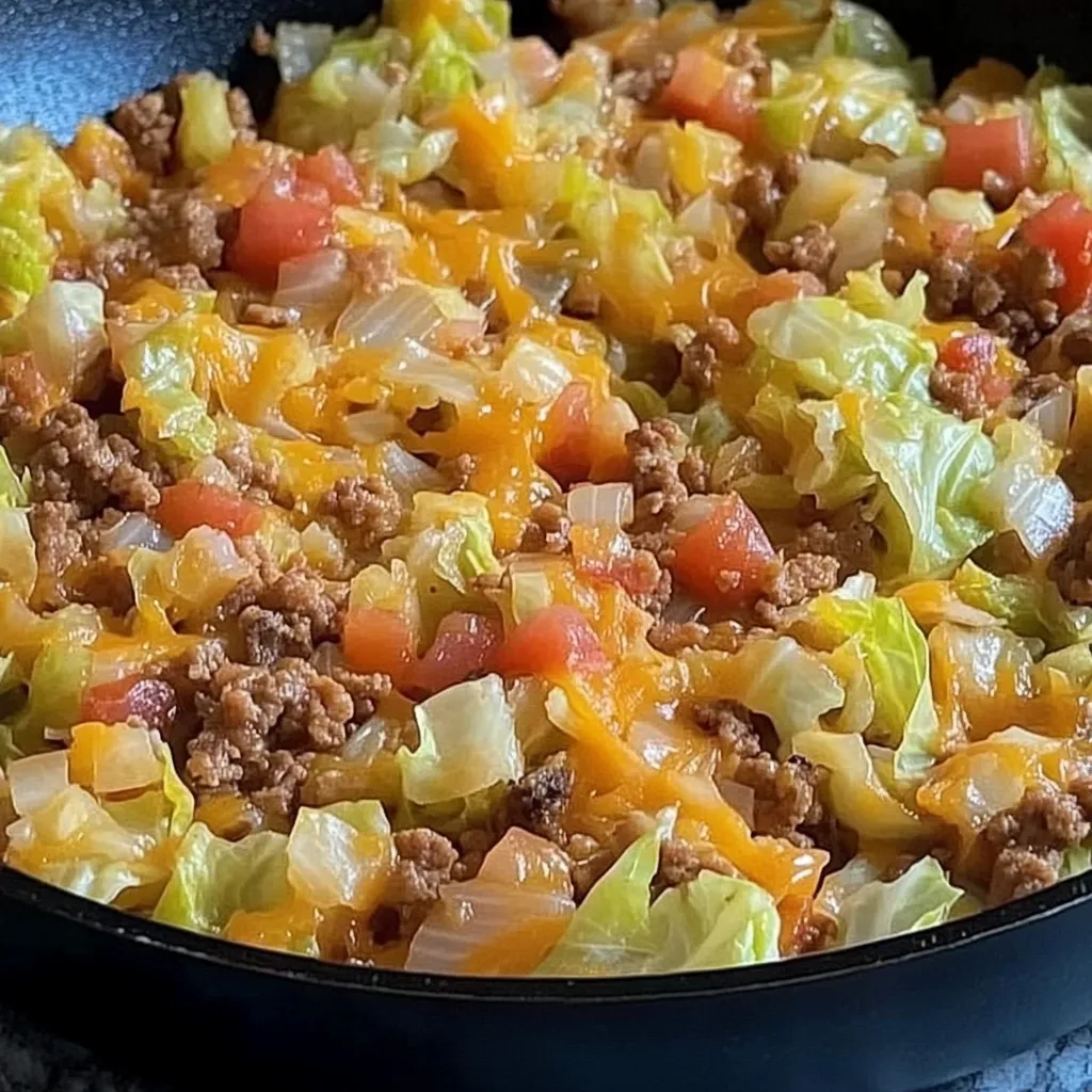A skillet filled with a mix of vegetables and ground meat.