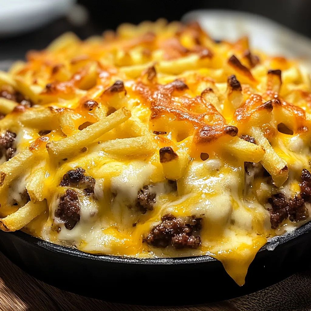 Cheesy ground beef casserole in a black baking pan.