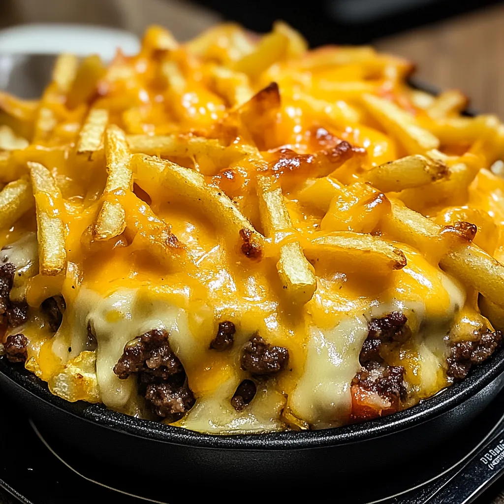 Cheesy French fry bake on a plate.