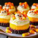 Bright mini cakes with orange, yellow, and white layers topped with candy corn, sprinkles, and sugar crystals.