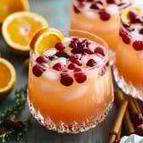 Close-up view of fruity beverages topped with orange slices and cranberries, surrounded by fresh citrus and cinnamon sticks.