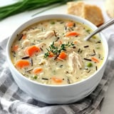 A bowl of creamy chicken and wild rice soup with carrots, peas, and fresh thyme on top.
