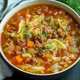 Close view of a rich stew with ground beef, veggies, and parsley in a white bowl.