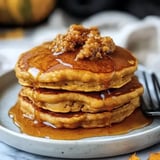 Golden fluffy pancakes topped with butter and syrup on a simple plate.