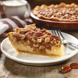 A white plate holds a slice of pecan pie showing its layers of filling and whole pecans on top, surrounded by scattered nuts and a fork on a wooden table.