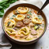 A comforting bowl of sausage and tortellini soup with tomatoes, spinach, and cream, dusted with black pepper.