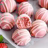 Pink cheesecake balls with white drizzle, one bitten to reveal a creamy center.