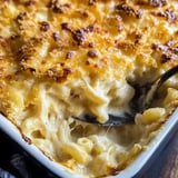 A golden-topped baked macaroni dish with creamy layers of pasta underneath.