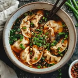 A bowl of soup with dumplings, green onions, sesame seeds, and veggies in a flavorful broth.