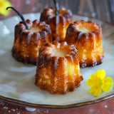 Four golden canelés are arranged on a plate with a yellow flower as decoration.