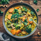 A bowl of thick broccoli and carrot soup topped with nuts, seeds, and fresh herbs.