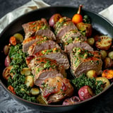 Lamb slices with pistachio pesto and veggies