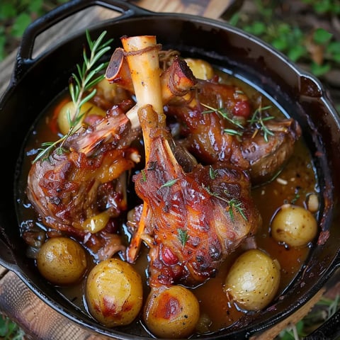 Braised lamb shanks with rosemary, thyme, and honey