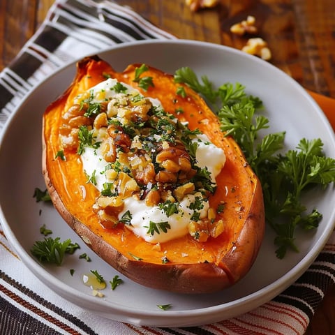 Baked sweet potato with yogurt, nuts, and honey